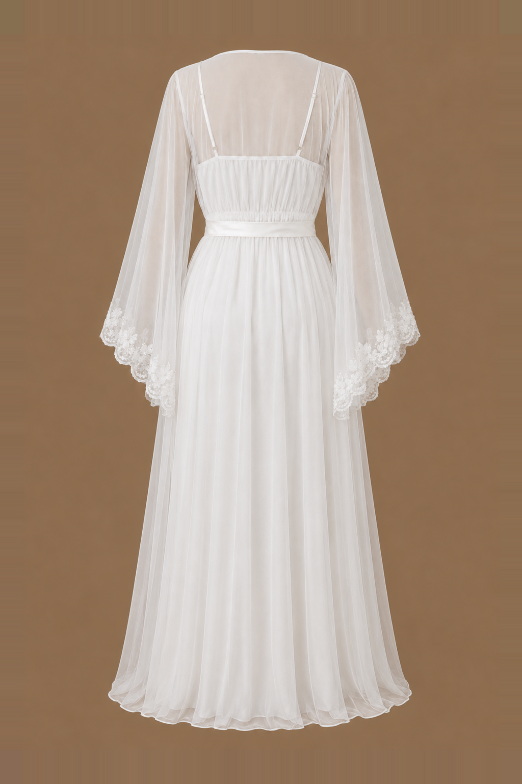 Back view of the AHLAM ivory bridal set with a satin underdress and sheer tulle kimono with embellished sleeves