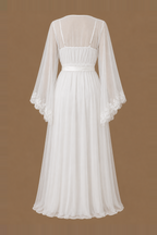 Back view of the AHLAM ivory bridal set with a satin underdress and sheer tulle kimono with embellished sleeves