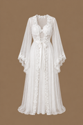 Front view of the AHLAM two-piece ivory bridal set with an embellished tulle kimono