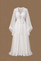 Front view of the AHLAM two-piece ivory bridal set with an embellished tulle kimono