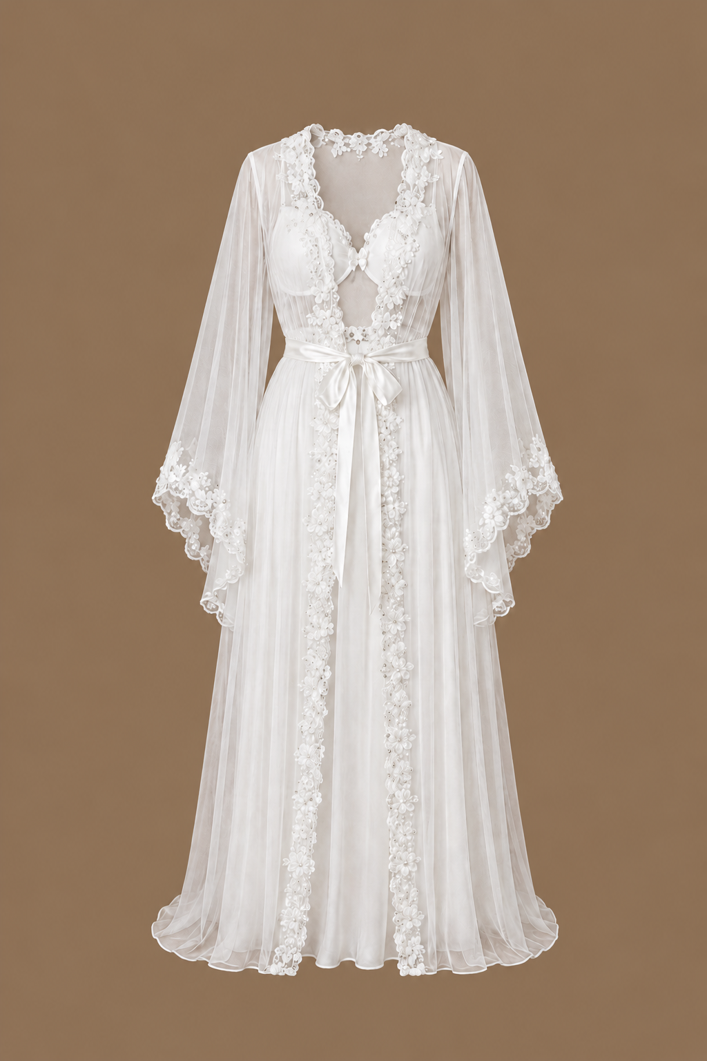 Front view of the AHLAM two-piece ivory bridal set with an embellished tulle kimono