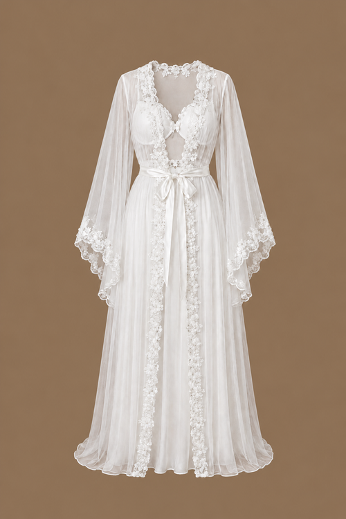 Front view of the AHLAM two-piece ivory bridal set with an embellished tulle kimono