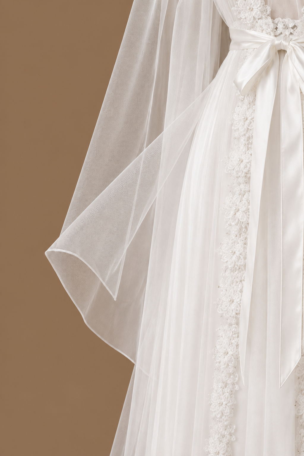 Fabric detail of the AHLAM bridal set showing sheer ivory tulle, floral embellishments and a satin tie belt