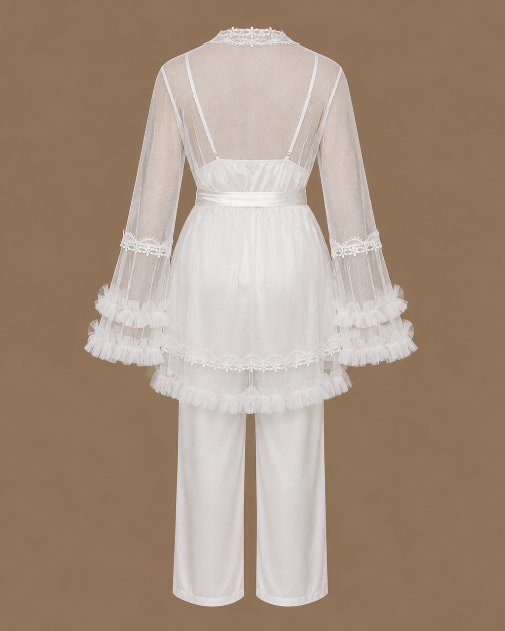 Back view of the CHAIMAE ivory bridal lounge set with a sheer tulle top, ruffled sleeves and satin trousers