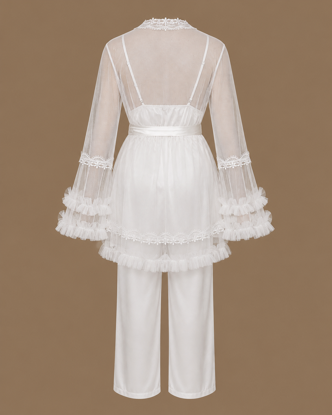 Back view of the CHAIMAE ivory bridal lounge set with a sheer tulle top, ruffled sleeves and satin trousers