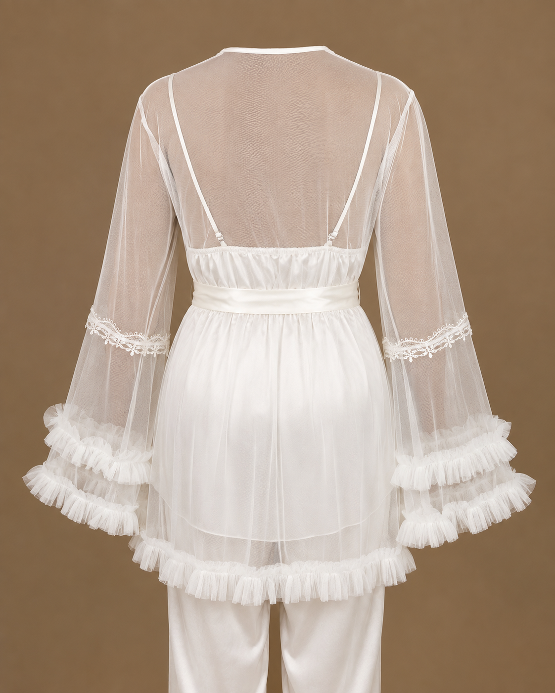 Close-up back view of the CHAIMAE bridal lounge set showing sheer tulle, satin straps and layered ruffled sleeves