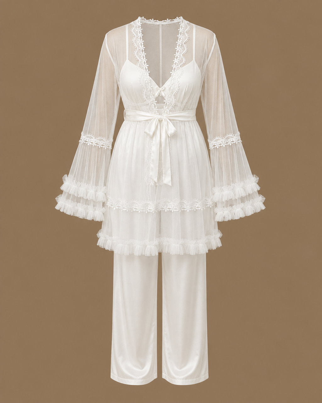 Front view of the CHAIMAE ivory four-piece bridal lounge set with a sheer tulle top, ruffled sleeves and satin trousers