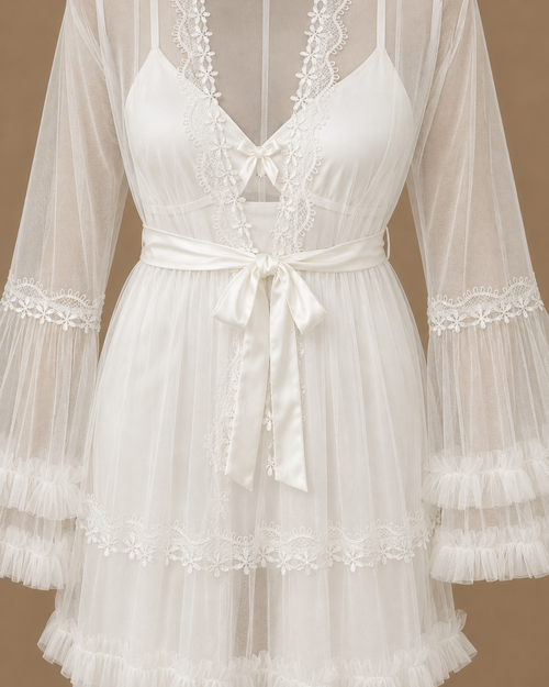 Close-up front view of the CHAIMAE bridal lounge set showing floral lace trim, sheer tulle, ruffled sleeves and a satin tie belt