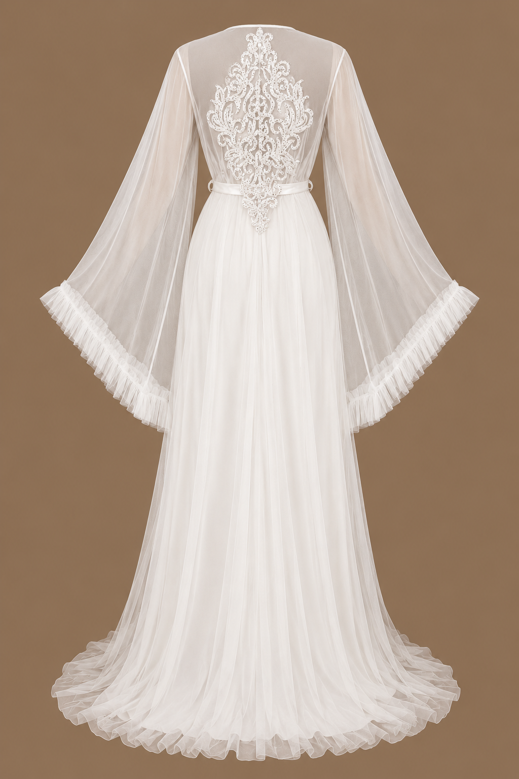 Back view of the MAYSA ivory bridal set with an embroidered tulle robe, flowing sleeves and floor-length hem