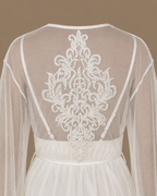 Back detail of the MAYSA bridal set showing intricate ivory embroidery on sheer tulle