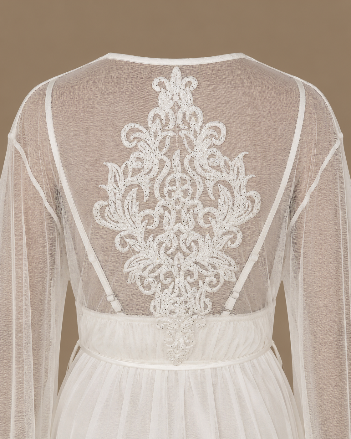 Back detail of the MAYSA bridal set showing intricate ivory embroidery on sheer tulle