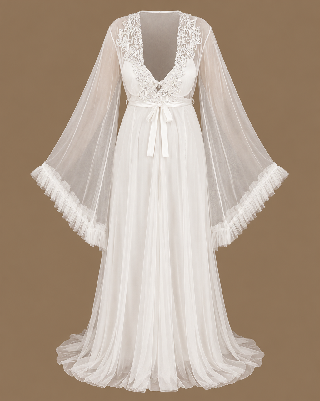 Front view of the MAYSA ivory two-piece bridal set with a floor-length tulle robe, embroidered bodice and flowing sleeves