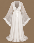 Front view of the MAYSA ivory two-piece bridal set with a floor-length tulle robe, embroidered bodice and flowing sleeves