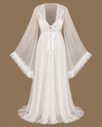 Front view of the MAYSA ivory two-piece bridal set with a floor-length tulle robe, embroidered bodice and flowing sleeves