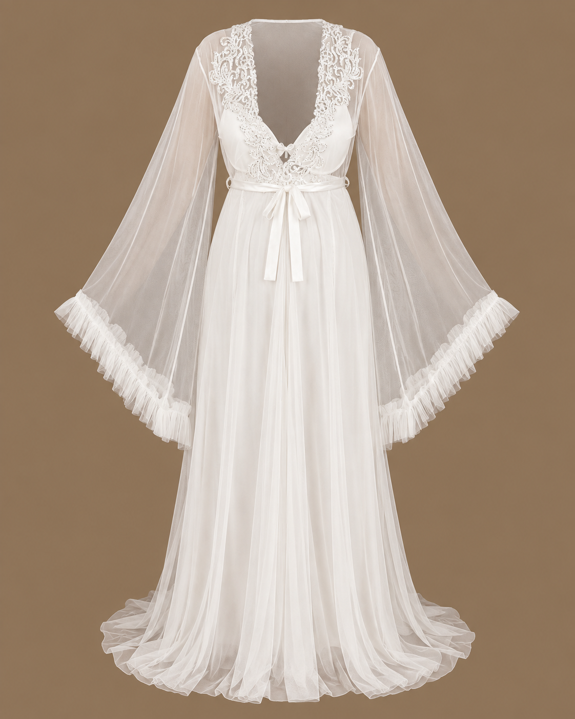 Front view of the MAYSA ivory two-piece bridal set with a floor-length tulle robe, embroidered bodice and flowing sleeves