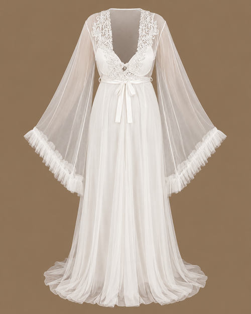 Front view of the MAYSA ivory two-piece bridal set with a floor-length tulle robe, embroidered bodice and flowing sleeves
