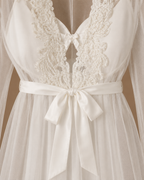 Close-up front view of the MAYSA bridal set showing the embroidered bodice, sheer tulle and satin tie belt