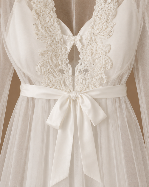 Close-up front view of the MAYSA bridal set showing the embroidered bodice, sheer tulle and satin tie belt