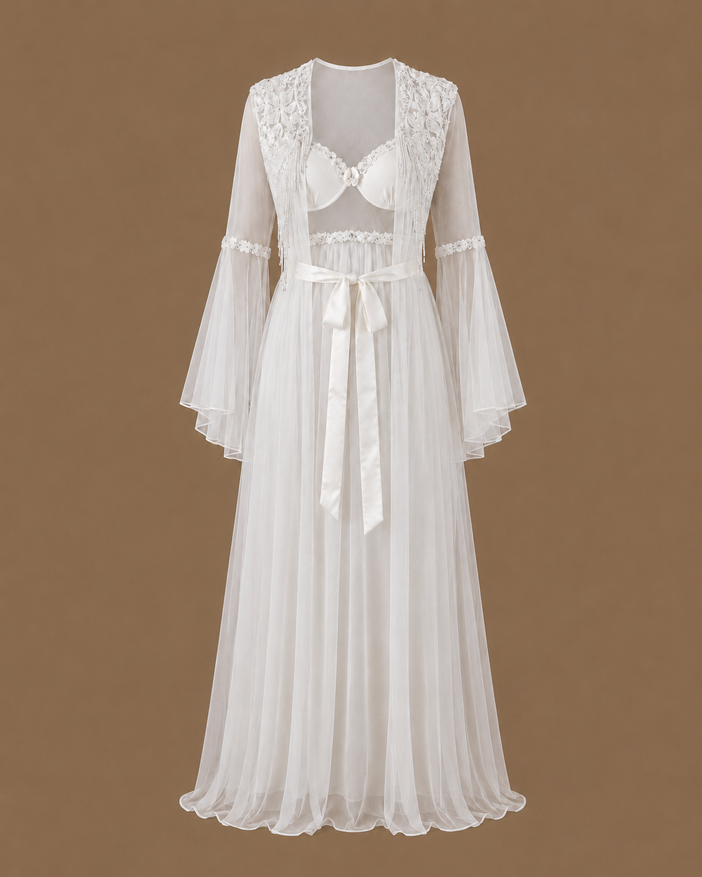 Front view of the NOUR ivory bridal set with satin slip dress and floor-length sheer tulle robe