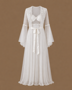 Front view of the NOUR ivory bridal set with satin slip dress and floor-length sheer tulle robe