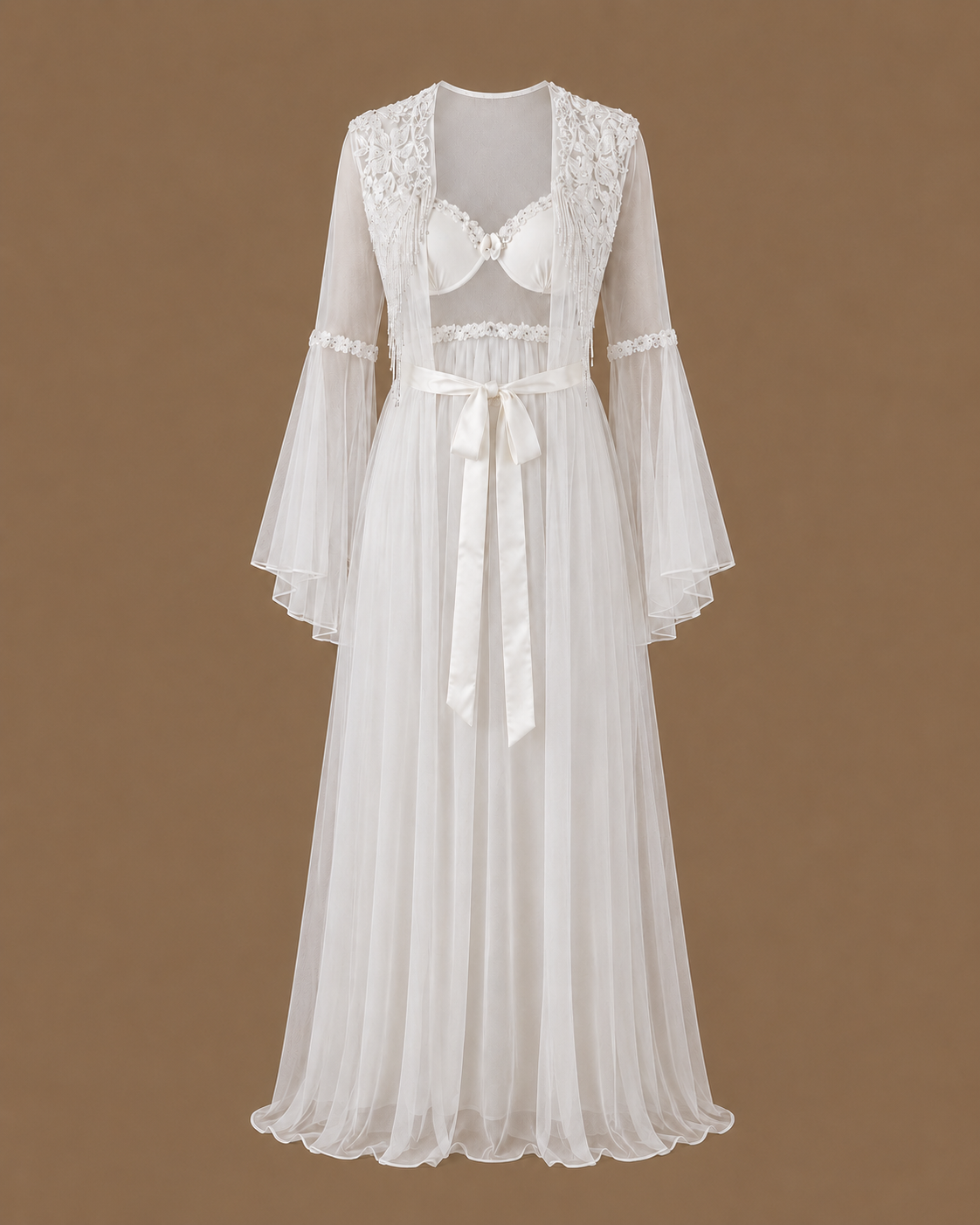 Front view of the NOUR ivory bridal set with satin slip dress and floor-length sheer tulle robe