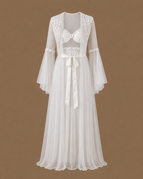 Front view of the NOUR ivory bridal set with satin slip dress and floor-length sheer tulle robe