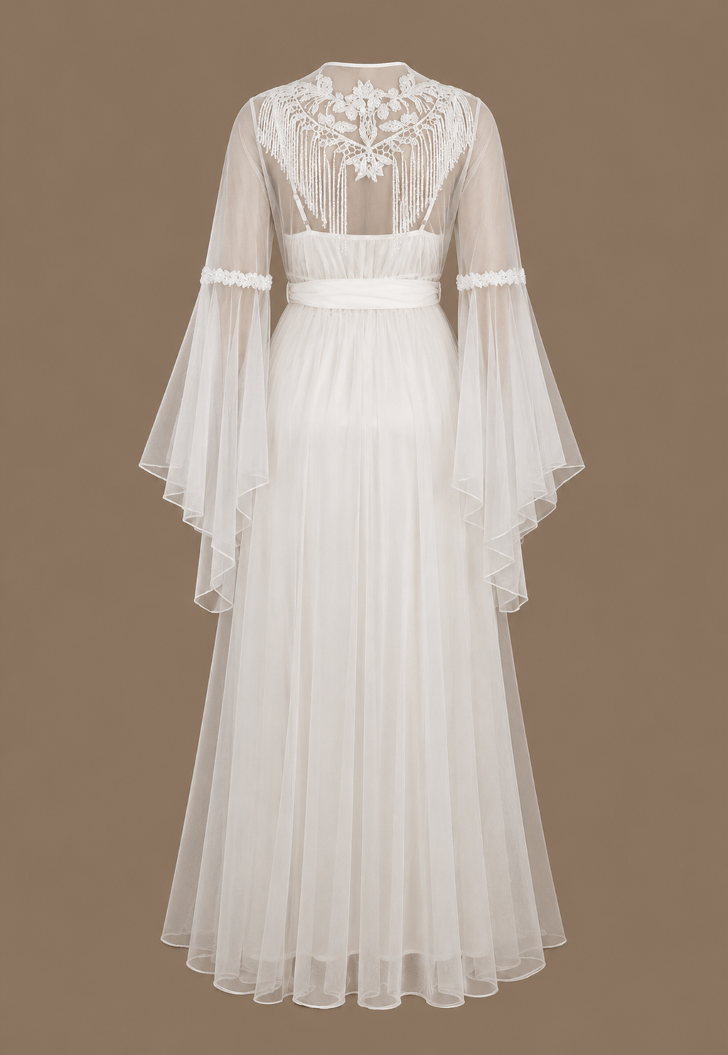 Back view of the NOUR ivory bridal set with satin slip dress, floor-length sheer tulle robe and floral embroidery