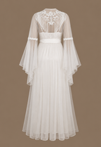Back view of the NOUR ivory bridal set with satin slip dress, floor-length sheer tulle robe and floral embroidery