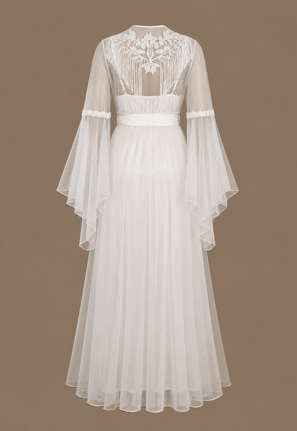 Back view of the NOUR ivory bridal set with satin slip dress, floor-length sheer tulle robe and floral embroidery