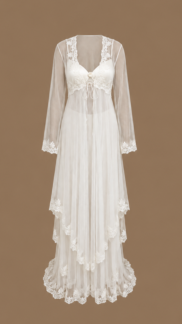 Front view of the SABAH ivory four-piece bridal set with layered sheer tulle and delicate lace detailing