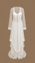 Front view of the SABAH ivory four-piece bridal set with layered sheer tulle and delicate lace detailing