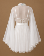 Back view of the SABRINE ivory bridal set with satin dress, sheer tulle kimono and flowing butterfly sleeves