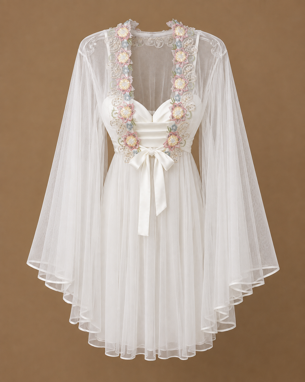 Front view of the SABRINE ivory bridal set with satin dress, sheer tulle kimono and pastel floral details
