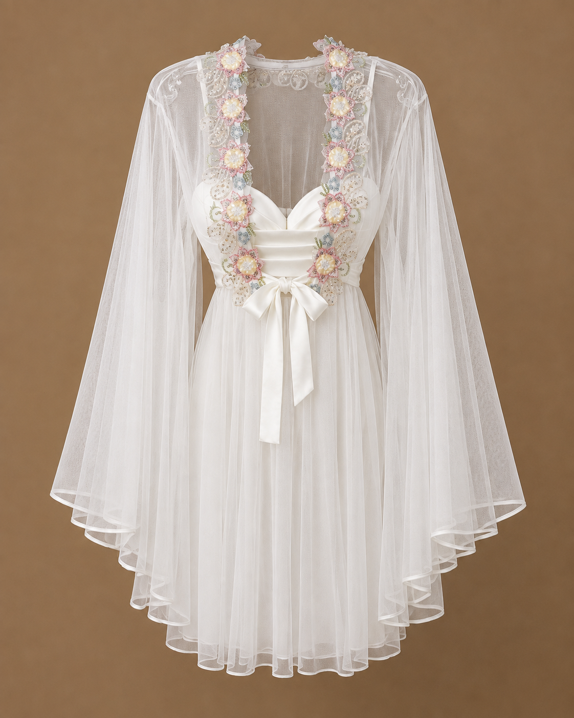 Front view of the SABRINE ivory bridal set with satin dress, sheer tulle kimono and pastel floral details