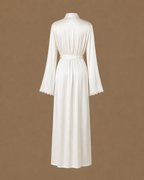 Back view of the SANAE ivory satin bridal kimono with tie belt and lace-trimmed sleeves