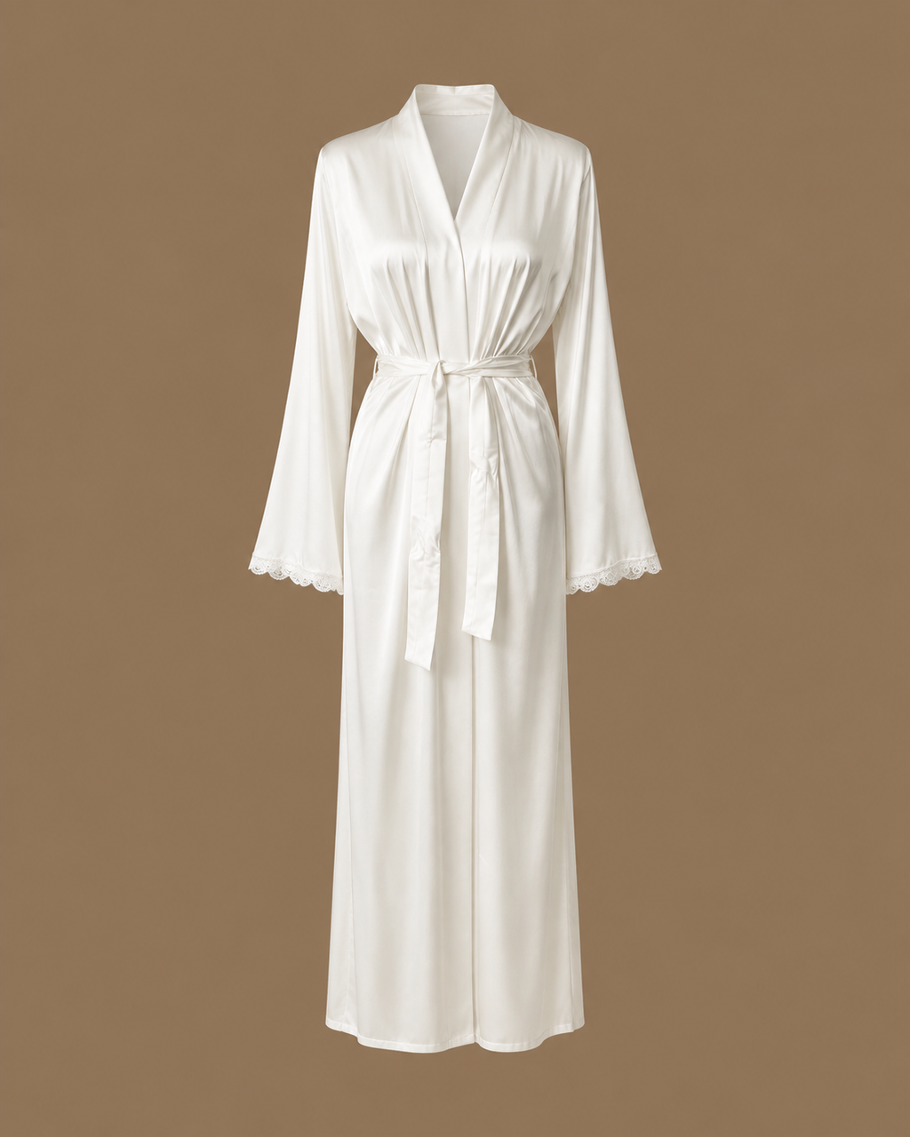 Front view of the SANAE ivory satin bridal kimono with tie belt and lace-trimmed sleeves