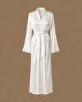 Front view of the SANAE ivory satin bridal kimono with tie belt and lace-trimmed sleeves