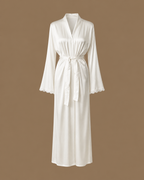 Front view of the SANAE ivory satin bridal kimono with tie belt and lace-trimmed sleeves