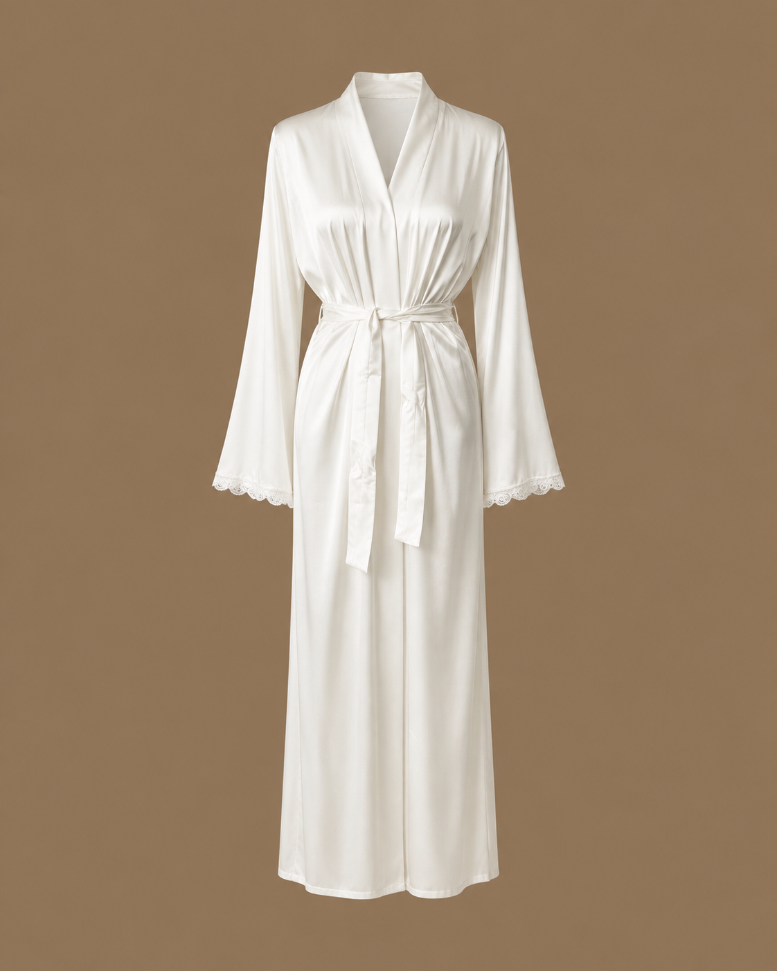 Front view of the SANAE ivory satin bridal kimono with tie belt and lace-trimmed sleeves