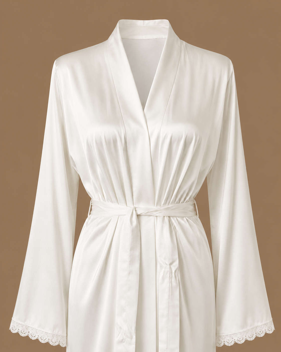 Front detail of the SANAE ivory satin bridal kimono with tie belt and lace-trimmed sleeves